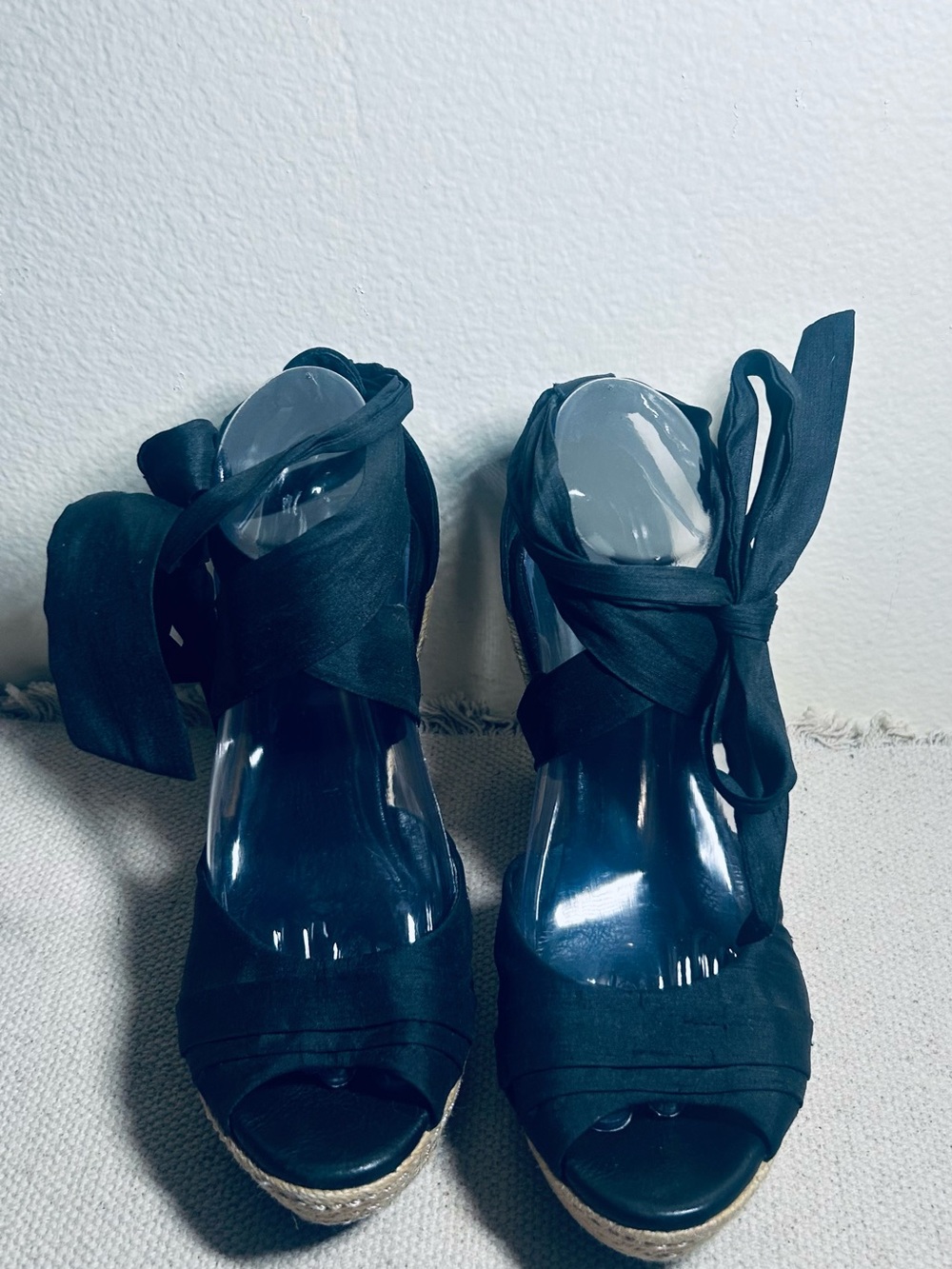 UGG Black Espadrille Wedge Sandals with Ankle Wrap - Picture 2 of 14